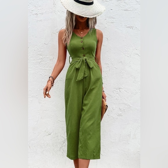 Summer Quench Button Front V Neck Tie Waist Jumpsuit - Picture 2 of 7